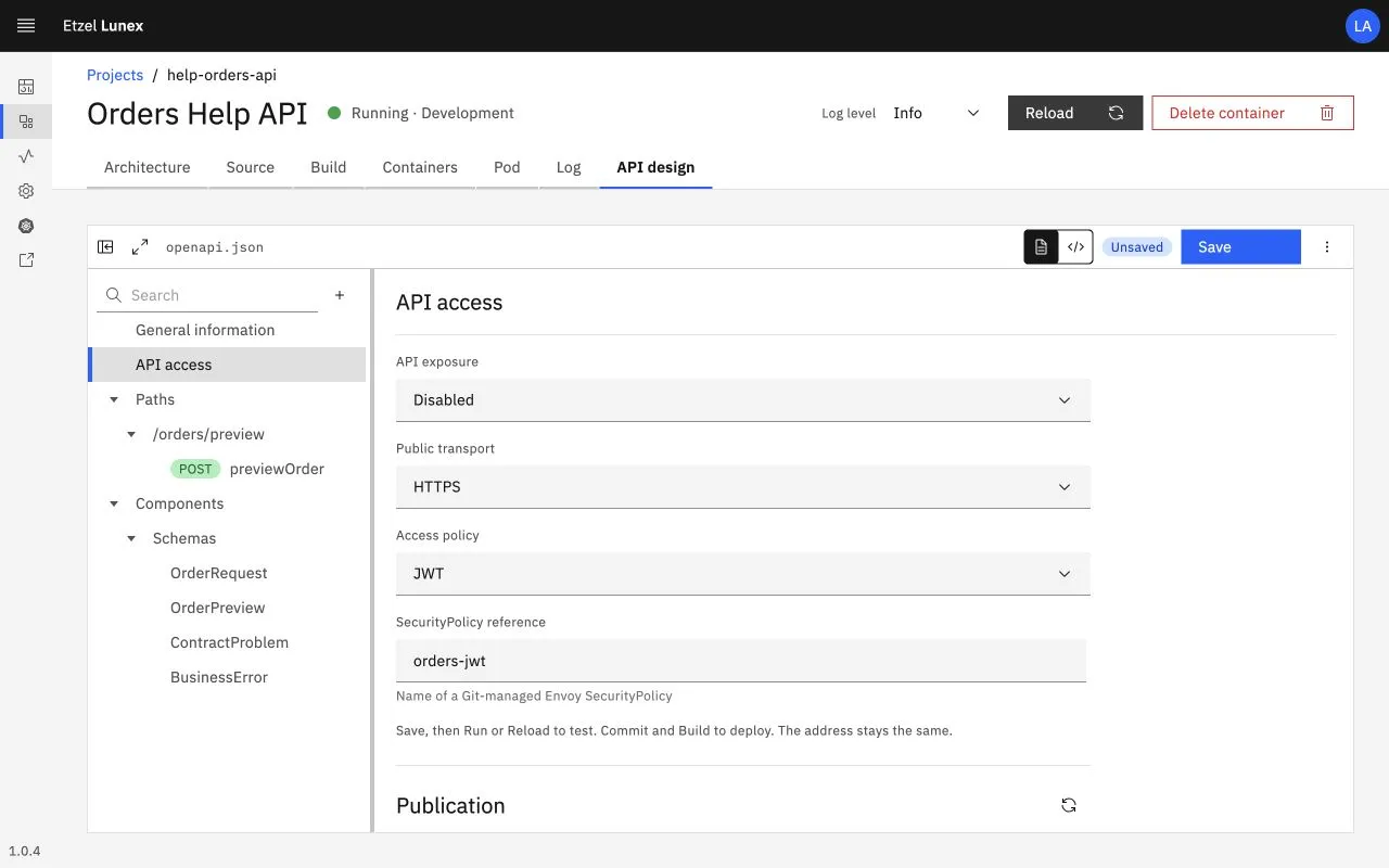 API access ekranında dış erişim Disabled durumundayken JWT ve orders-jwt SecurityPolicy referansının taslak olarak girilmesi
