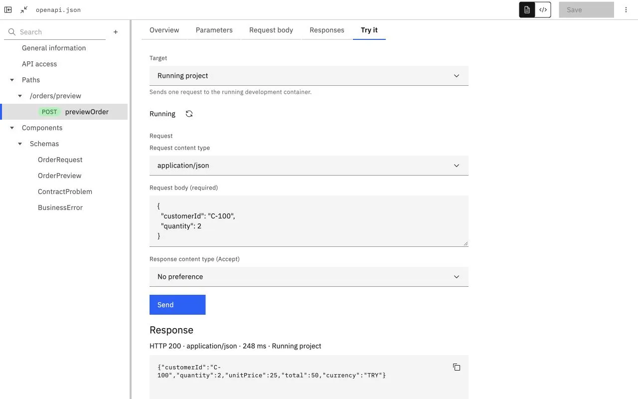 Try it içinde Running project hedefiyle gönderilen miktar 2 için HTTP 200 ve toplam 50 TRY yanıtı